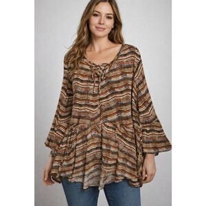 CATO Peplum Striped Abstract 3/4 Flared Sleeves Top Size 22W 24W Brown 70's